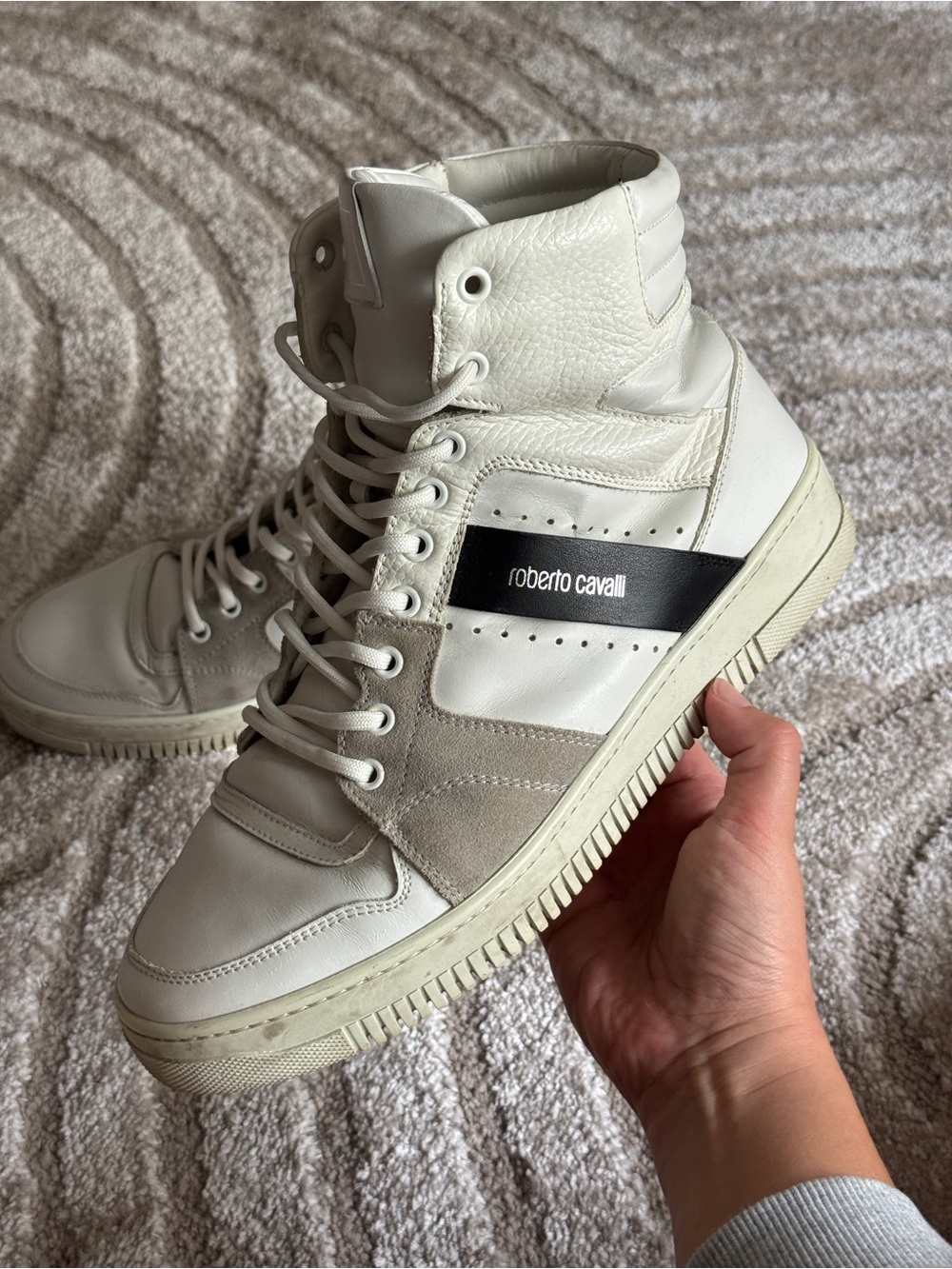 Roberto Cavalli White and Black High-Top Leather Sneakers